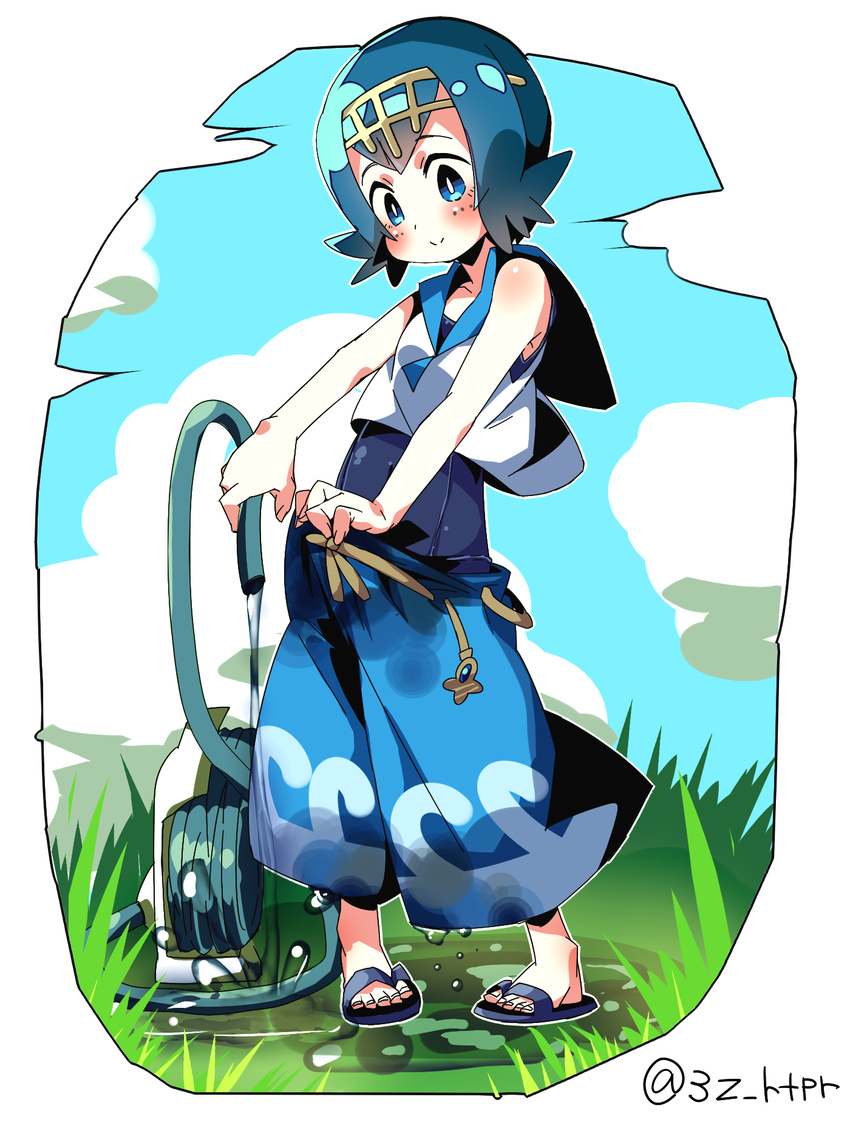 1girl blue_hair female pokemon pokemon_(game) pokemon_sm sandals sanzui solo suiren_(pokemon) swimsuit_under_clothes toes transparent_border twitter_username