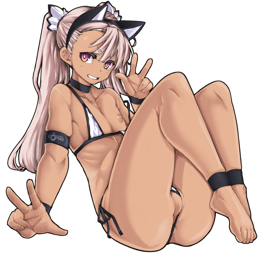 animal_ears arm_at_side armband ass barefoot bikini bokuso cat_ears chloe_von_einzbern choker commentary_request dark_skin double_v eyebrows eyebrows_visible_through_hair fake_animal_ears fate/kaleid_liner_prisma_illya fate_(series) feet flat_chest full_body hairband hand_up knees_up long_hair looking_at_viewer micro_bikini multicolored multicolored_eyes nipple_slip nipples parted_lips partially_visible_anus partially_visible_vulva pink_hair purple_eyes ribs side-tie_bikini sitting skindentation smile solo strap_slip swimsuit toes toned twintails v wristband yellow_eyes