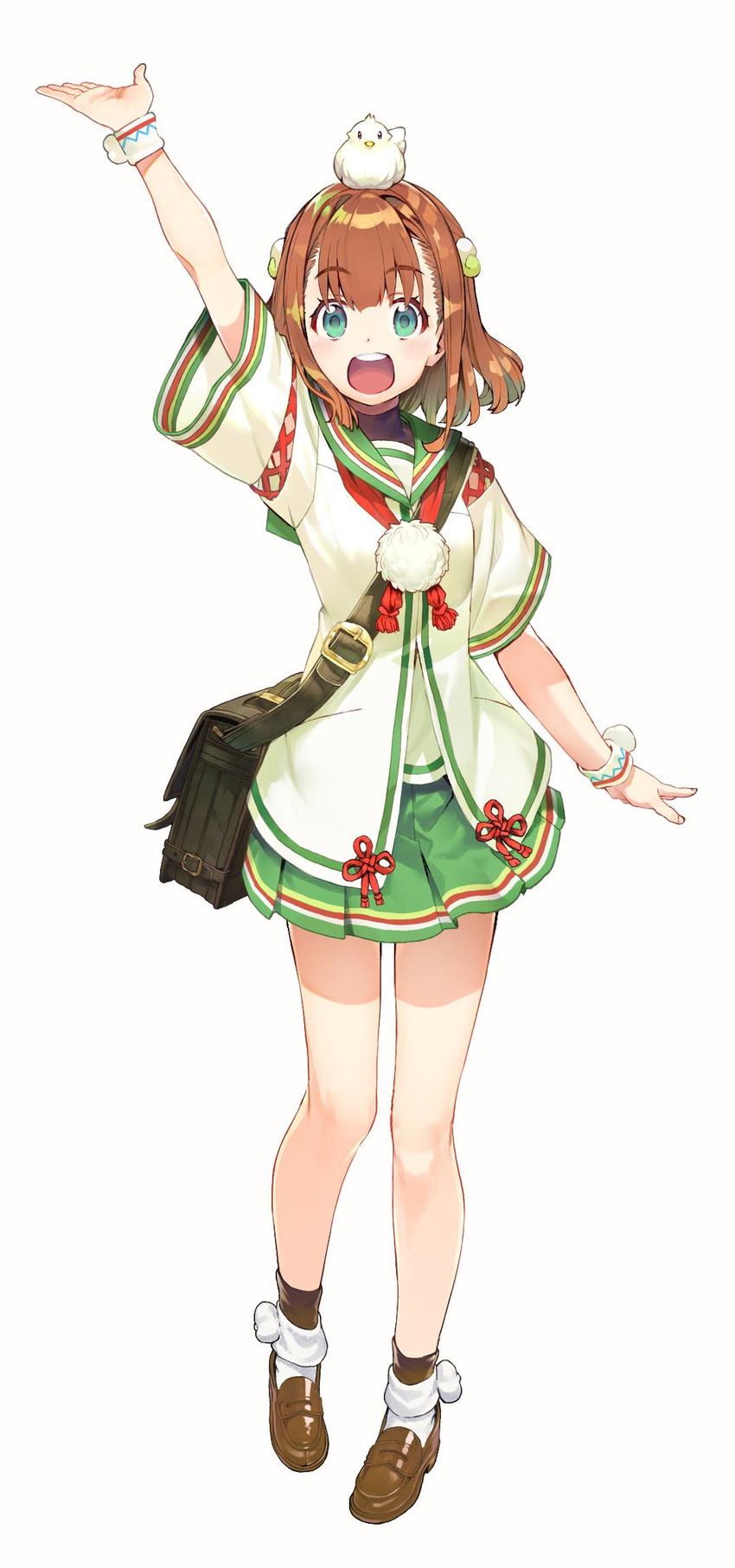:d animal animal_on_head arm_up atami_uika bag bangs blush brown_hair chick_on_head commentary_request eyebrows_visible_through_hair full_body green_eyes green_skirt highres loafers looking_at_viewer on_head onsen_musume open_mouth pleated_skirt school_uniform shirabi shoes short_sleeves shoulder_bag simple_background skirt smile socks solo standing tareme teeth white_background white_legwear