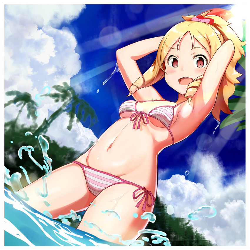 :d armpits arms_up bangs bare_arms bare_shoulders bikini blonde_hair blue_sky blush bow breasts cloud day drill_hair dutch_angle eromanga_sensei front-tie_bikini front-tie_top hair_bow highres lens_flare light_rays looking_at_viewer looking_down navel open_mouth palm_tree parted_bangs pink_bow ponytail red_eyes side-tie_bikini sky small_breasts smile solo splashing stomach striped striped_bikini sunbeam sunlight swimsuit tareme tomitayaki tree twin_drills underboob wading water water_drop yamada_elf