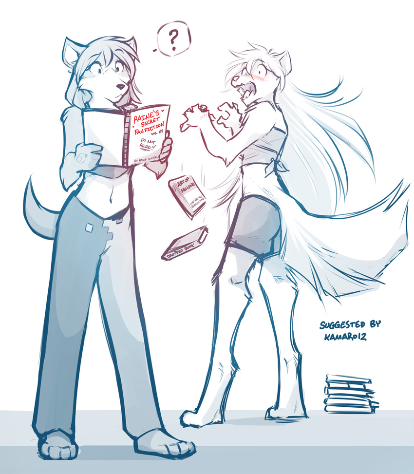 2017 ? anthro bloodline blush book canine clothed clothing digitigrade dropping duo embarrassed ember_(bloodline) english_text female humor keidran mammal midriff monochrome open_mouth plantigrade raine_(twokinds) reading shocked simple_background sketch skimpy surprise text tom_fischbach twokinds webcomic white_background wolf