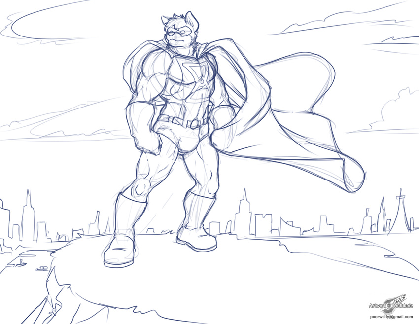 belt boots canine cape city cityscape clothing dog footwear gloves heroic_pose malamute mammal mask muscular outside sketch solo standing superhero tight_clothing timewarp_(character) wolfblade
