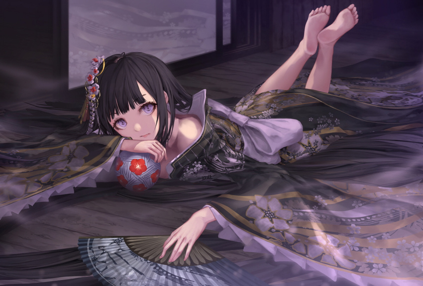 ball barefoot black_hair expressionless fan feet floral_print folding_fan fusuma hair_ornament head_rest japanese_clothes jname kanzashi kimono lavender_eyes legs_up long_hair looking_at_viewer lying on_floor on_stomach original purple_eyes sliding_doors soles solo temari_ball the_pose toes wooden_floor