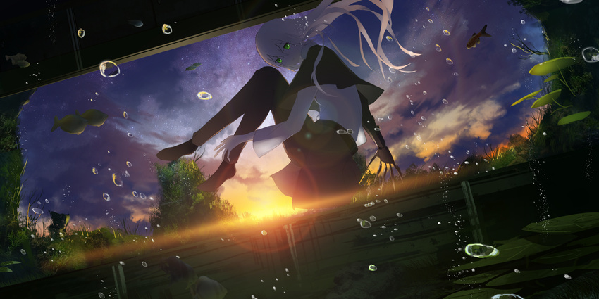absurdres air_bubble aquarium asuteroid backlighting bubble capelet claw_(weapon) commentary dark dutch_angle fish floating_hair green_eyes highres iz_(asuteroid) lens_flare lily_pad long_hair looking_at_viewer looking_to_the_side original silver_hair solo submerged sun sunlight sunset weapon