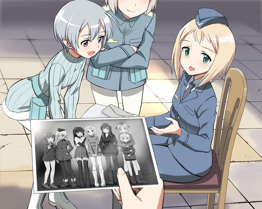 anabuki_tomoko blonde_hair blush chair commentary crossed_arms elizabeth_f_beurling elma_leivonen envelope garrison_cap giuseppina_ciuinni glasses green_eyes grey_eyes hakama_skirt hands_in_pockets hat hug hug_from_behind indoors kaneko_(novram58) katharine_ohare leaning_forward long_hair looking_at_viewer looking_to_the_side military military_uniform multiple_girls open_mouth out_of_frame pantyhose partially_colored photo_(object) pouch pov pov_hands sakomizu_haruka silver_hair sitting skirt smile thighhighs uniform ursula_hartmann world_witches_series