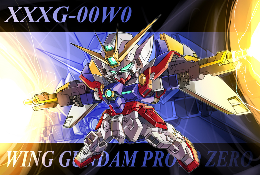 character_name dual_wielding energy_beam energy_gun glowing glowing_eyes green_eyes gundam gundam_wing holding mecha memento_vivi no_humans weapon wing_gundam_zero wings zoom_layer