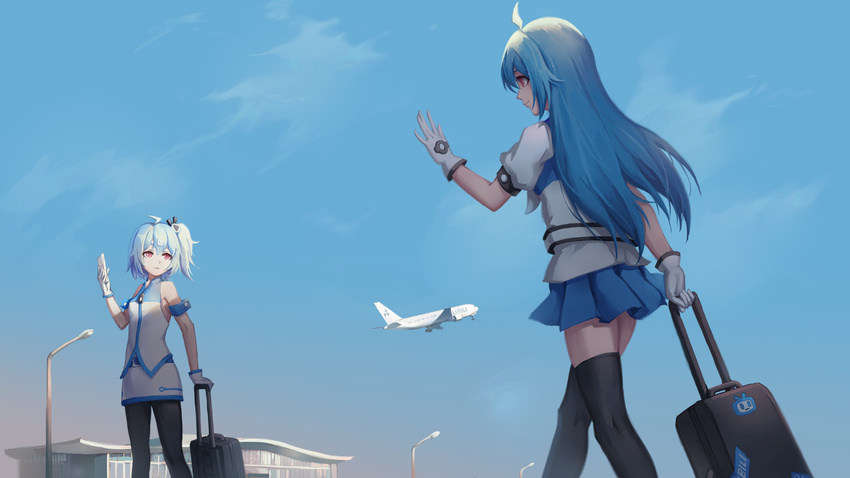 ahoge aircraft airplane bili_girl_22 bili_girl_33 bilibili_douga black_legwear blue_hair blue_skirt facing_another gloves highres holding holding_phone long_hair looking_at_another mool_yueguang multiple_girls phone puffy_short_sleeves puffy_sleeves red_eyes short_hair short_sleeves side_ponytail skirt suitcase thighhighs waving white_gloves