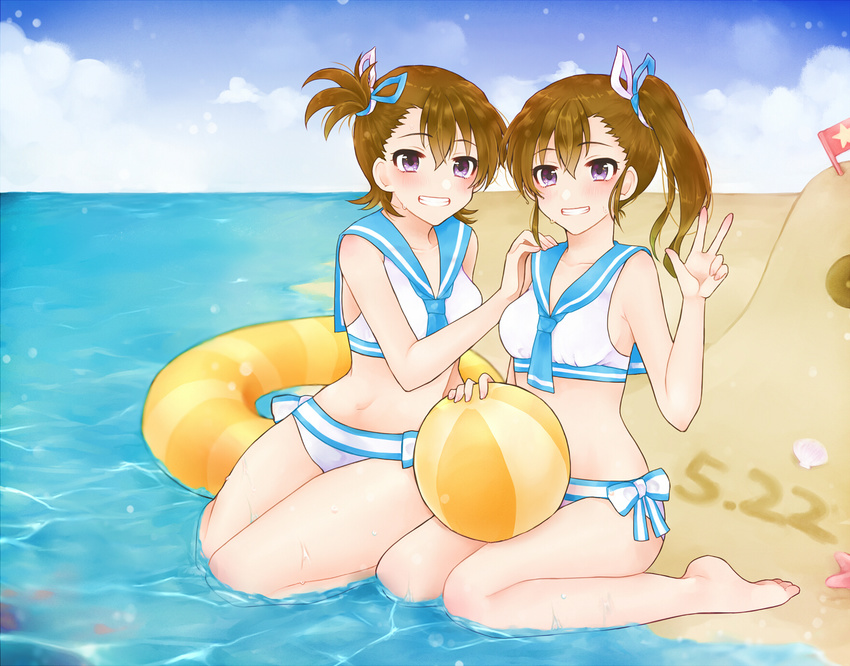 ball beach beachball bikini blush cloud commentary_request dated day flag futami_ami futami_mami hair_tie hand_on_another's_shoulder highres idolmaster idolmaster_(classic) inflatable_toy looking_at_viewer matching_outfit multiple_girls nakamura_(mugenlism) ocean outdoors sailor_bikini sailor_collar sailor_swimsuit_(idolmaster) sand_castle sand_sculpture siblings side_ponytail sky smile swimsuit twins v