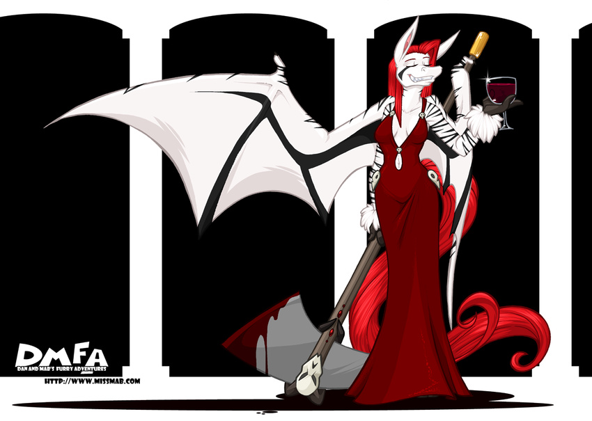 alcohol amber_williams anthro axe beverage black_stripes blood breasts cleavage clothed clothing dan_and_mab's_furry_adventures demon dress equine female hair kria_soulstealer long_hair mammal melee_weapon red_hair solo stripes weapon wine zebra