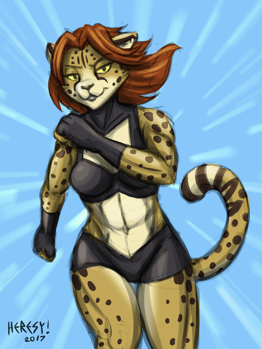 2017 anthro breasts cheetah cheetah_(jl) clothed clothing dc_comics feline fur gloves hair heresy_(artist) mammal multicolored_fur red_hair running shorts simple_background skimpy spots tan_fur thihg_gap two_tone_fur white_fur yellow_sclera