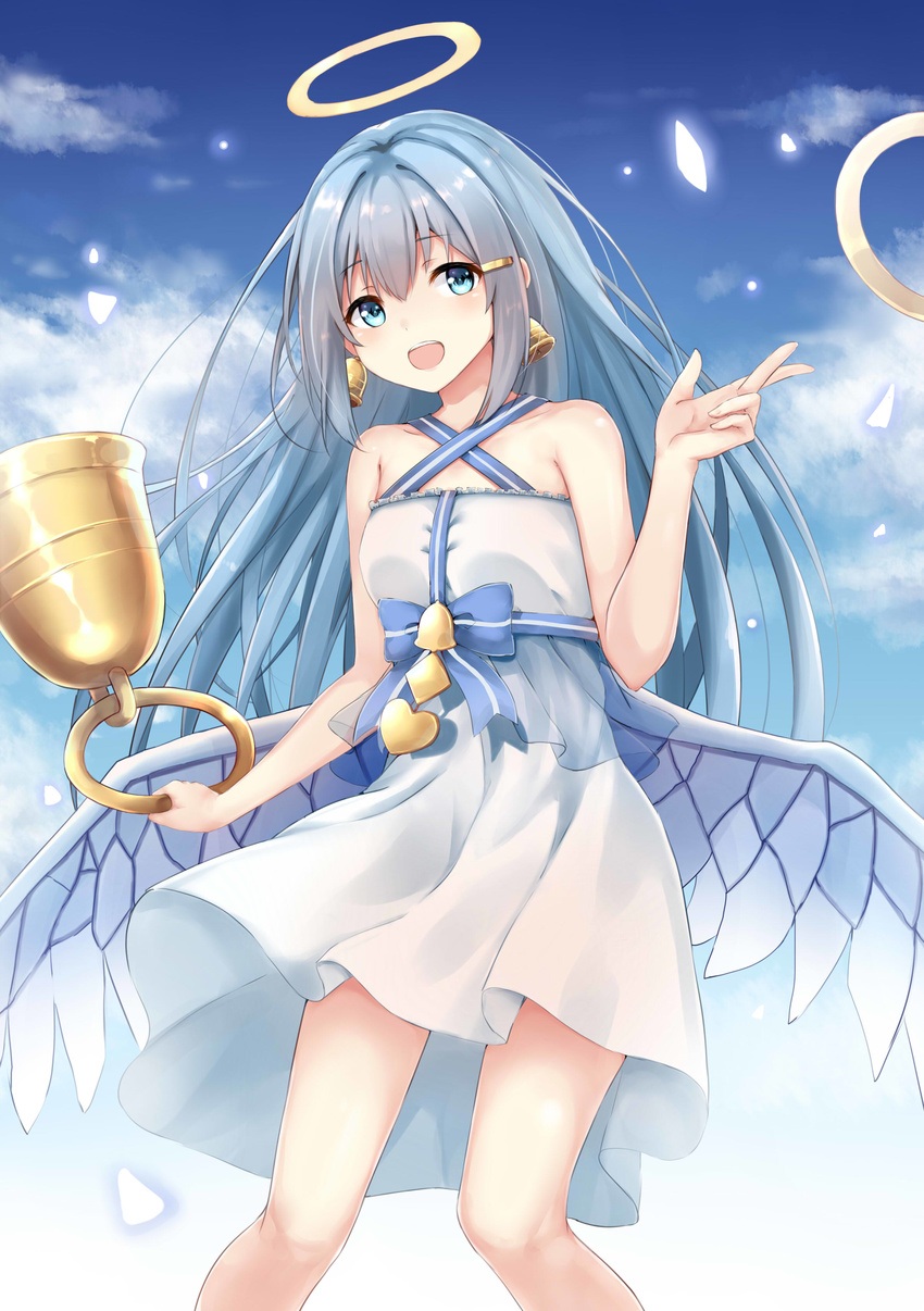 absurdres angel_wings bell bell_earrings bellringer_angel blue_bow blue_eyes blue_hair blue_ribbon blush bow criss-cross_halter earrings eyebrows_visible_through_hair hair_ornament hairclip halo halterneck highres jewelry long_hair looking_at_viewer open_mouth ribbon shadowverse smile solo wings ym_(distance819)