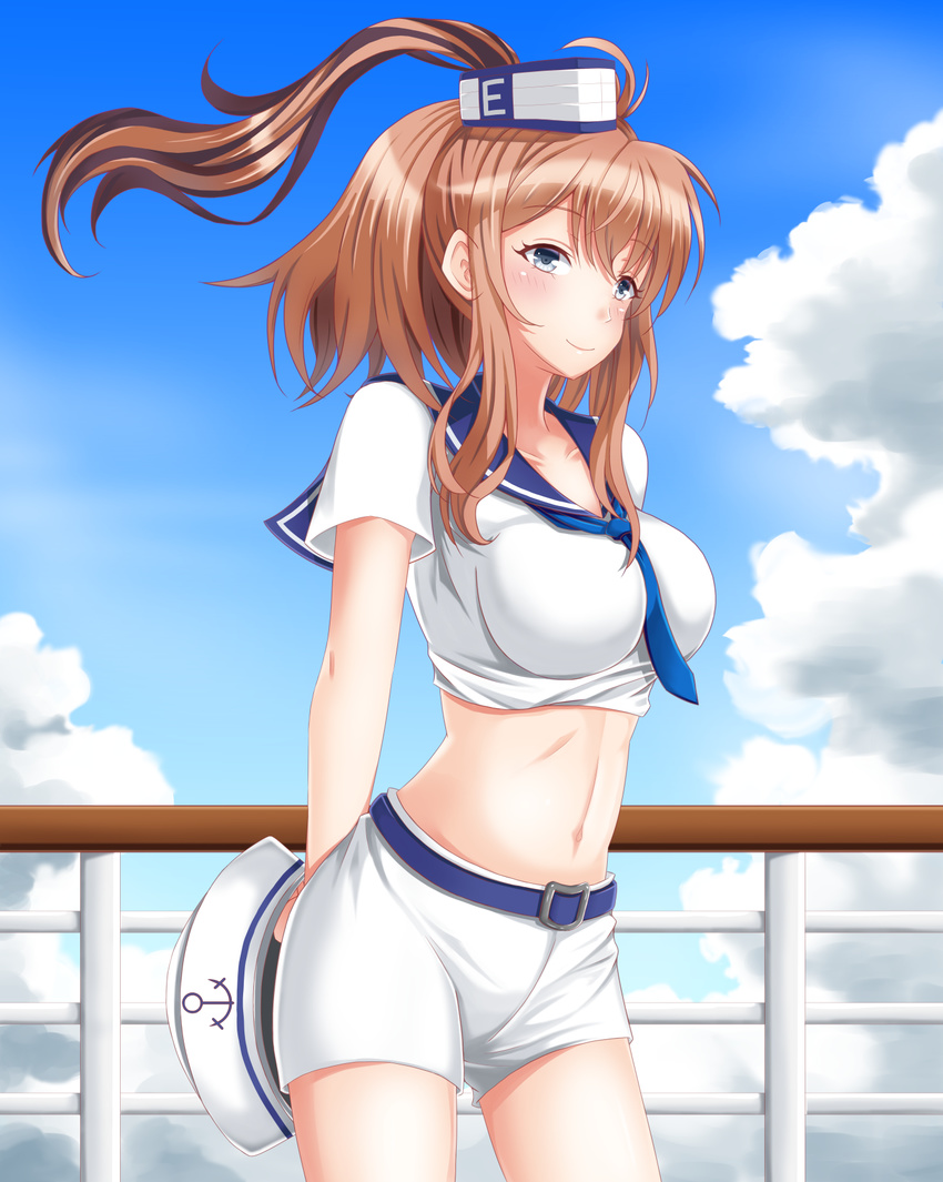 alternate_costume arms_behind_back belt belt_buckle blue_belt blue_eyes blush breasts brown_hair buckle cloud commentary_request cowboy_shot day hat hat_removed headwear_removed highres holding holding_hat impossible_clothes kantai_collection large_breasts long_hair looking_at_viewer midriff necktie outdoors ponytail railing sailor_collar sailor_hat saratoga_(kantai_collection) shorts side_ponytail sky smile smokestack solo standing taut_clothes white_neckwear white_shorts yamato_(083)