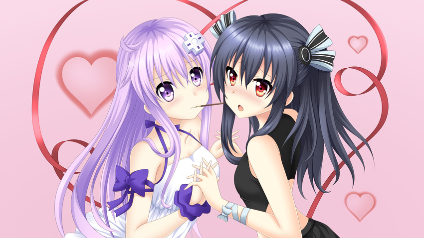 alternate_costume bare_shoulders black_hair blush breasts d-pad d-pad_hair_ornament food hair_ornament hair_ribbon heart highres holding_hands interlocked_fingers long_hair looking_at_viewer medium_breasts multiple_girls nekologia nepgear neptune_(series) open_mouth pocky purple_eyes purple_hair red_eyes ribbon scrunchie shared_food small_breasts two_side_up uni_(choujigen_game_neptune) wrist_scrunchie yuri