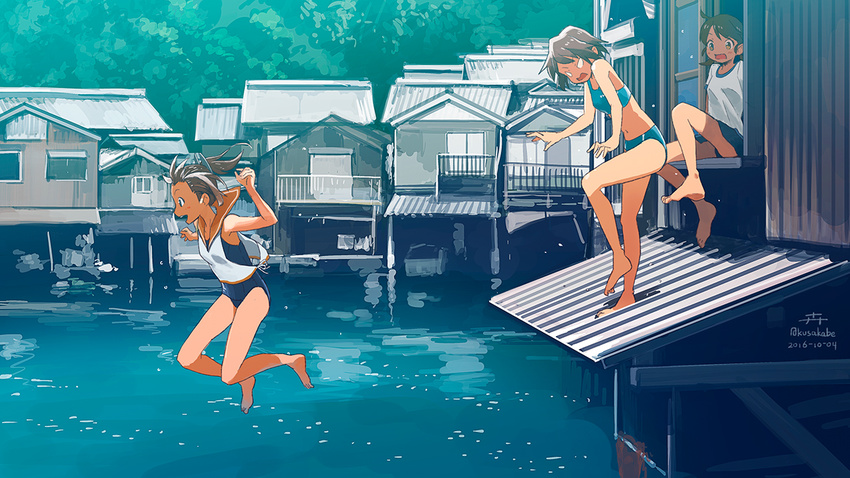 3girls artist_name barefoot blush brown_hair d: dated day house i-401_(kantai_collection) jumping kantai_collection kusakabe_(kusakabeworks) looking_at_another miyuki_(kantai_collection) multiple_girls ocean open_mouth outdoors ponytail scenery school_swimsuit school_uniform serafuku shirayuki_(kantai_collection) shirt short_hair signature sitting sleeveless smile sports_bikini swimsuit swimsuit_under_clothes tan teeth tied_shirt twitter_username v-shaped_eyebrows