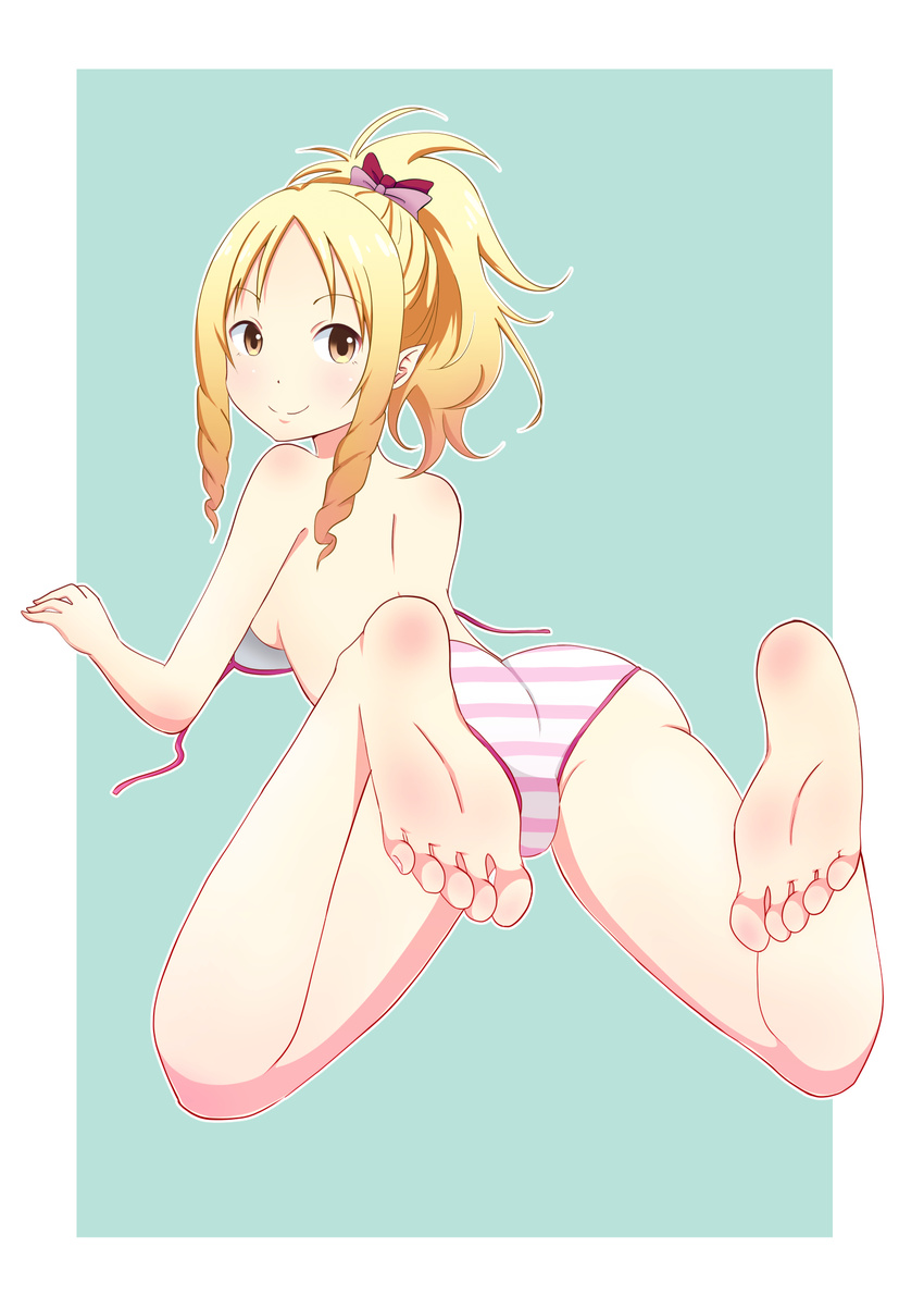 1girl ass barefoot bikini blonde_hair bow breasts closed_mouth feet female from_behind full_body green_eyes hair_bow leafar outside_border pointy_ears ponytail smile soles solo striped striped_bikini swimsuit toes untied untied_bikini yamada_elf