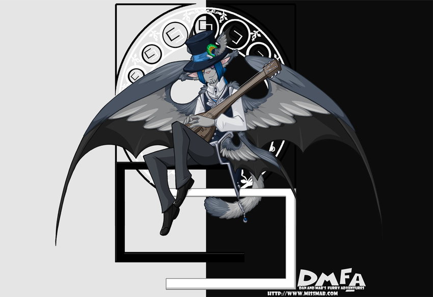 2017 amber_williams anthro bat_wings blue_hair cubi_(race) dan_and_mab's_furry_adventures feathered_wings feathers feline hair hat head_wings male mammal membranous_wings quoar top_hat wings