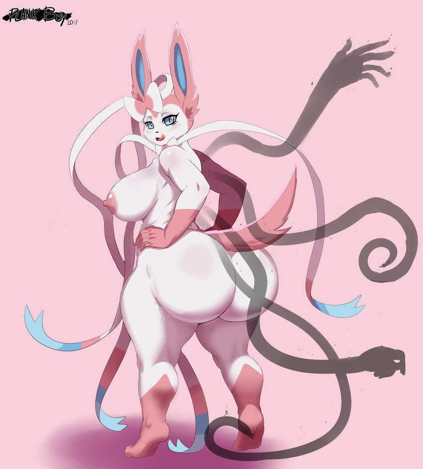 areola big_breasts big_butt breasts butt edit eeveelution female hand_on_hip huge_butt hyper hyper_butt licking looking_at_viewer looking_back mammal nintendo nipples open_mouth plankboy pok&eacute;mon pok&eacute;morph raised_tail slit_pupils solo sylveon thick_thighs tongue tongue_out video_games