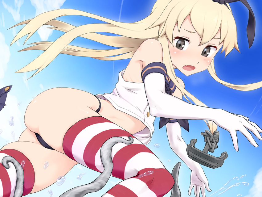 anchor_hair_ornament ass bare_shoulders black_panties blonde_hair crop_top elbow_gloves enemy_naval_mine_(kantai_collection) fang gloves grey_eyes hair_ornament highleg highleg_panties kantai_collection kurokaji long_hair open_mouth panties shimakaze_(kantai_collection) skirt skirt_removed striped striped_legwear tentacles thighhighs thong underwear white_gloves