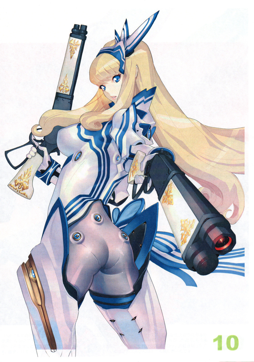 1girl armor armored_boots ass bangs blonde_hair blue_eyes bodysuit boots breasts dual_wielding from_behind gloves hakua_ugetsu headgear highres holding holding_weapon lips lipstick long_hair long_sleeves looking_at_viewer looking_back makeup medium_breasts original page_number parted_lips scan shiny shiny_clothes shiny_hair sidelocks simple_background skin_tight solo standing trigger_discipline weapon white_background