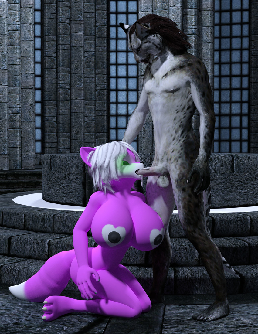 &lt;3 3d_(artwork) angry_cat anthro balls big_breasts black_hair black_nipples breasts canine cat cock_worship college_of_winterhold cum cum_in_mouth cum_inside digital_media_(artwork) duo feline fellatio female glowing glowing_eyes hair huge_breasts humanoid_penis j'zargo khajiit kneeling male male/female mammal nipples nude oral penis sex skyrim the_elder_scrolls video_games white_hair wolf yuni_hermit