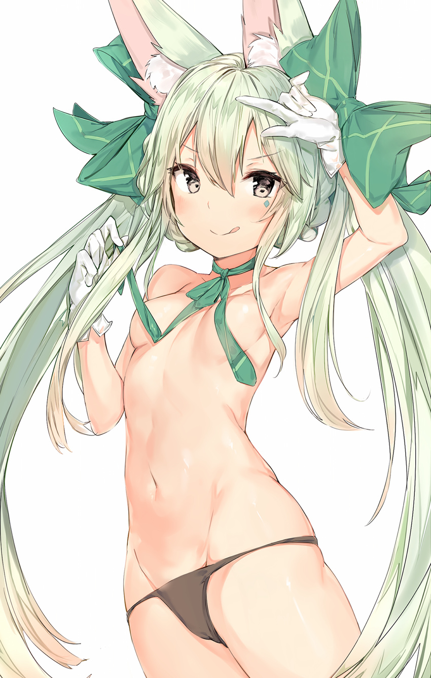:q animal_ear_fluff animal_ears arm_up armpits art556_(girls_frontline) black_panties blush bow breasts brown_eyes choker convenient_censoring girls_frontline gloves green_bow green_hair hair_between_eyes hair_bow highres long_hair looking_at_viewer navel panties ribbon_choker sidelocks silver_(chenwen) simple_background small_breasts smile solo standing stomach tongue tongue_out topless twintails underwear v-shaped_eyebrows very_long_hair white_background white_gloves