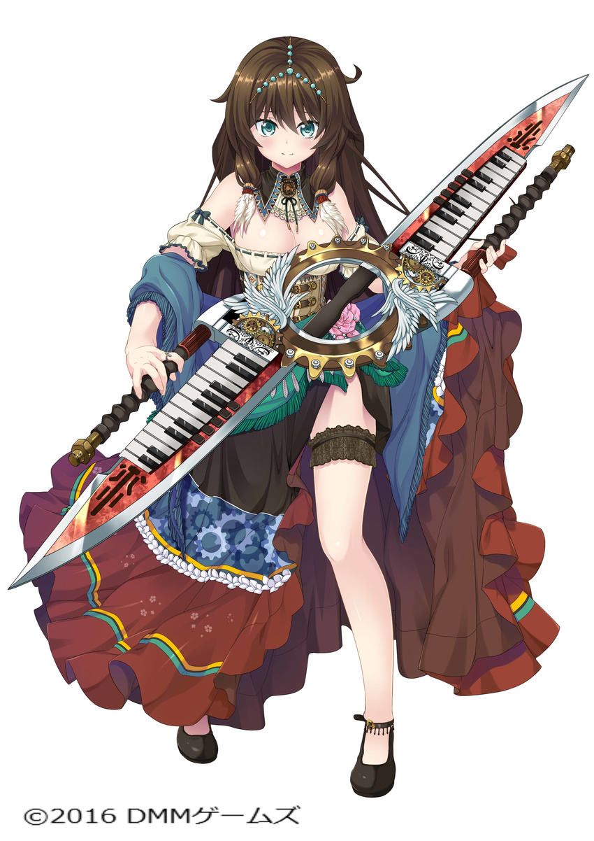 absurdres blue_eyes breasts brown_hair character_request cleavage corset dmm garters highres instrument large_breasts legs lifted_by_self off_shoulder piano_keys shirt shoes side_slit skirt skirt_lift solo sword weapon yone_(qtron)