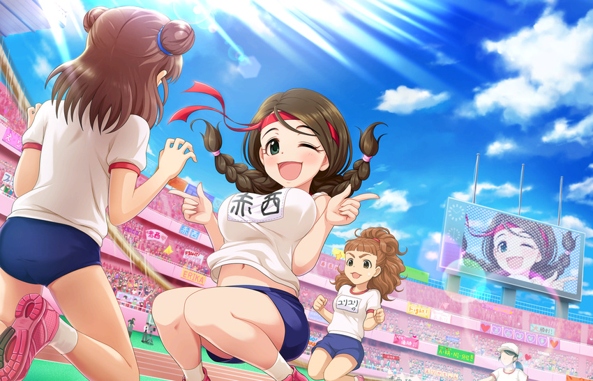 akanishi_erika bloomers blue_eyes blush brown_hair happy idolmaster idolmaster_cinderella_girls idolmaster_cinderella_girls_starlight_stage long_hair sky sports twin_braids wink