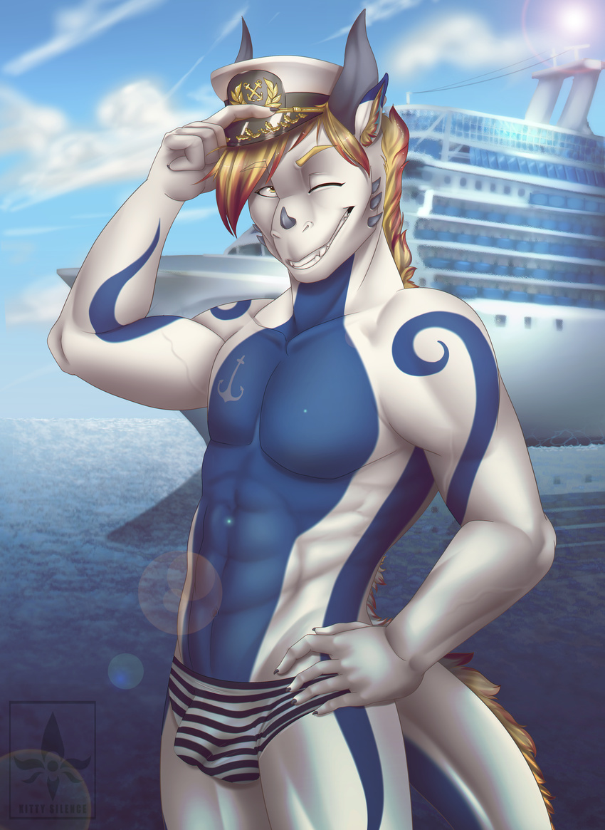 abs anthro biceps blonde_hair blue_penis blue_skin bulge clothed clothing cruise dragon hair hat hi_res horn inner_ear_fluff kitty_silence male multicolored_hair muscular one_eye_closed pecs penis scalie sea ship smile solo speedo swimsuit teeth topless two_tone_hair underwear vehicle water white_skin