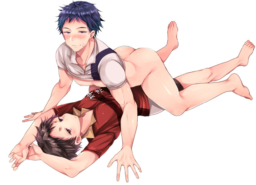 2boys all_out!! ass barefoot blush bottomless feet full_body funkasiahq looking_at_viewer lying male_focus multiple_boys naughty_face smile straddling undressing yaoi