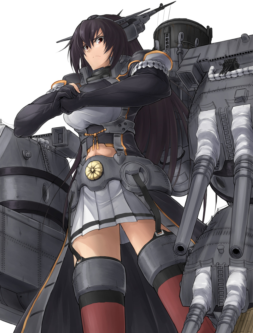 black_coat black_gloves black_hair breasts brown_eyes commentary elbow_gloves gloves hands_together headgear highres kantai_collection large_breasts long_hair looking_at_viewer looking_down mechanical miniskirt nagato_(kantai_collection) navel partly_fingerless_gloves pleated_skirt red_legwear remodel_(kantai_collection) rigging skirt smokestack solo thighhighs turret v_r_dragon01 white_background white_skirt zettai_ryouiki