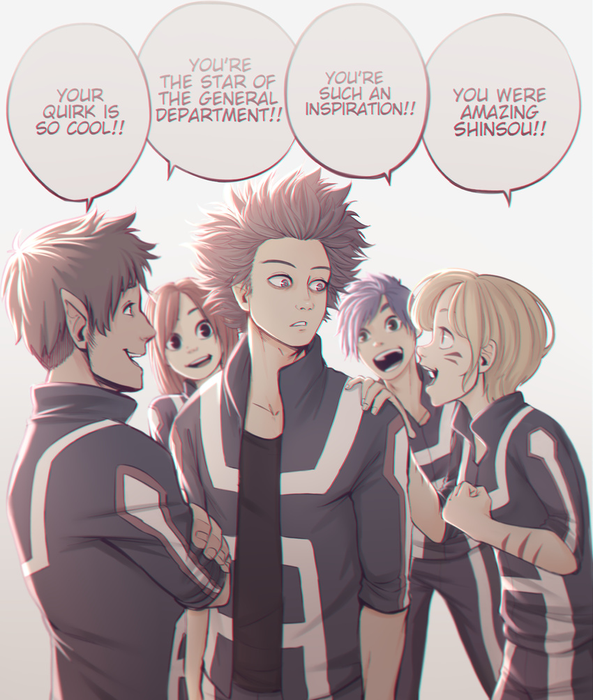 !! 1girl 4boys blue_eyes blue_hair boku_no_hero_academia english hand_on_another's_shoulder highres jacket keiid long_sleeves multiple_boys open_mouth pants parted_lips pointy_ears shinsou_hitoshi smile speech_bubble spiked_hair teeth text track_jacket track_pants whisker_markings