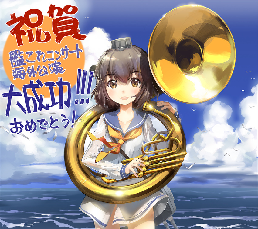 brown_eyes brown_hair commentary_request dress headgear instrument kantai_collection neckerchief official_art open_mouth sailor_collar sailor_dress school_uniform serafuku short_hair solo sousaphone translation_request tuba yukikaze_(kantai_collection) zeco