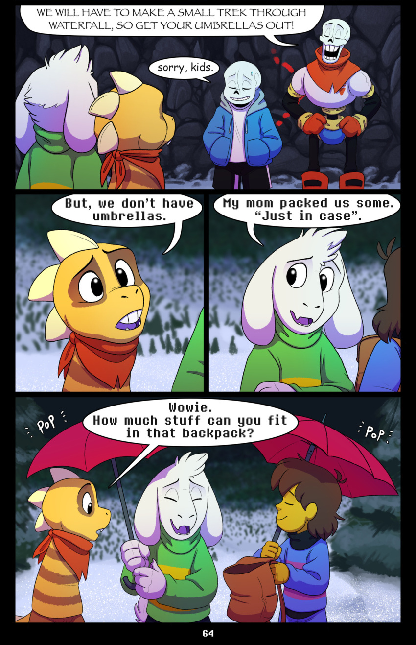 absolutedream animated_skeleton asriel_dreemurr backpack bone boss_monster bovid caprine comic comic_sans dialogue english_text human lizard mammal monster_kid papyrus_(undertale) protagonist_(undertale) reptile sans_(undertale) scalie scarf skeleton snow text umbrella undead undertale video_games