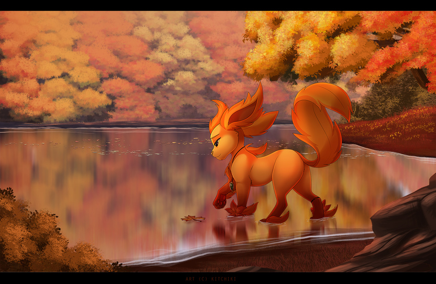 black_bars canine day detailed_background eeveelution feral fur grass jewelry kitchiki leafeon mammal necklace nintendo orange_fur outside partially_submerged pok&eacute;mon rock solo standing tree video_games water