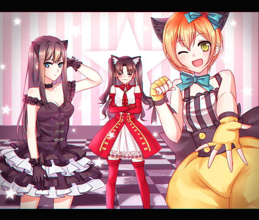 animal_ears bad_id bad_pixiv_id black_dress black_gloves black_gothic_dress_(idolmaster) black_hair blush cat_ears checkered checkered_floor choker commentary crossed_arms crossover dress elbow_gloves fate/hollow_ataraxia fate/stay_night fate_(series) fingerless_gloves frills gloves green_eyes hand_in_hair hoshizora_rin idolmaster idolmaster_cinderella_girls kaleido_ruby letterboxed long_hair looking_at_viewer love_live! love_live!_school_idol_festival love_live!_school_idol_project mallizmora multiple_girls namesake one_eye_closed orange_hair outstretched_hand paw_pose puffy_shorts red_dress red_gloves red_legwear ribbon_choker shibuya_rin shorts sidelocks smile star striped striped_background thighhighs toosaka_rin two_side_up vertical_stripes yellow_eyes