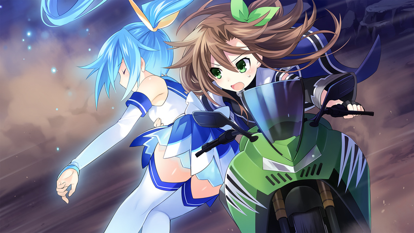 bow brown_hair carrying choujigen_taisen_neptune_vs_sega_hard_girls closed_eyes detached_sleeves fingerless_gloves game_cg gloves green_eyes ground_vehicle hair_bow hair_ornament highres if_(choujigen_game_neptune) light_particles long_hair motor_vehicle motorcycle multiple_girls neptune_(series) official_art one_side_up ponytail ribbon riding sega_hard_girls sega_hatsumi thighhighs tsunako