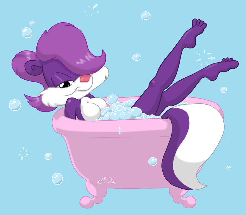 2013 anthro bathtub bedroom_eyes breasts bubble cute dcrmx featureless_breasts female fifi_la_fume fur hair half-closed_eyes looking_at_viewer mammal nude purple_fur purple_hair seductive simple_background skunk smile solo tiny_toon_adventures warner_brothers