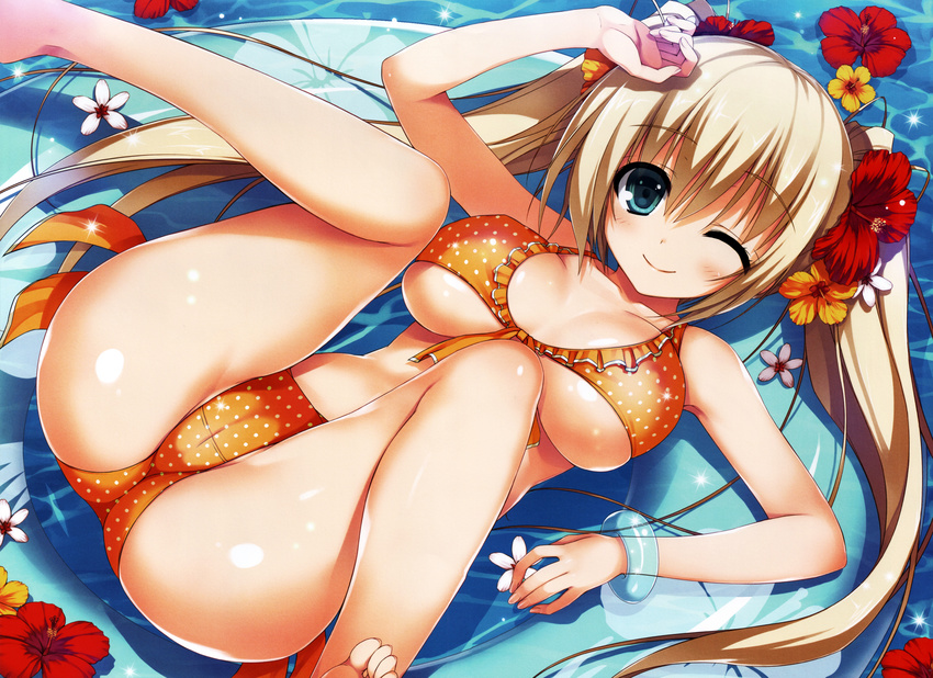 absurdres bangs bare_shoulders barefoot bikini blonde_hair blue_eyes blush bracelet breasts collarbone eyebrows_visible_through_hair floral_print flower front-tie_bikini front-tie_top hair_flower hair_ornament highres huge_filesize innertube jewelry knees_on_chest large_breasts long_hair looking_at_viewer lying on_back one_eye_closed original polka_dot polka_dot_bikini scan smile solo swimsuit tomose_shunsaku twintails water