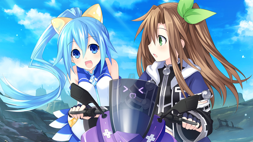 &gt;_&lt; blue_eyes blue_hair blush bow brown_hair choujigen_taisen_neptune_vs_sega_hard_girls closed_eyes d-pad day detached_sleeves fingerless_gloves game_cg gloves green_eyes ground_vehicle hair_bow hair_ornament highres if_(choujigen_game_neptune) long_hair motor_vehicle motorcycle multiple_girls neptune_(choujigen_game_neptune) neptune_(choujigen_game_neptune)_(motorcycle) neptune_(series) official_art one_side_up open_mouth ponytail ribbon sega_hard_girls sega_hatsumi smile tsunako very_long_hair