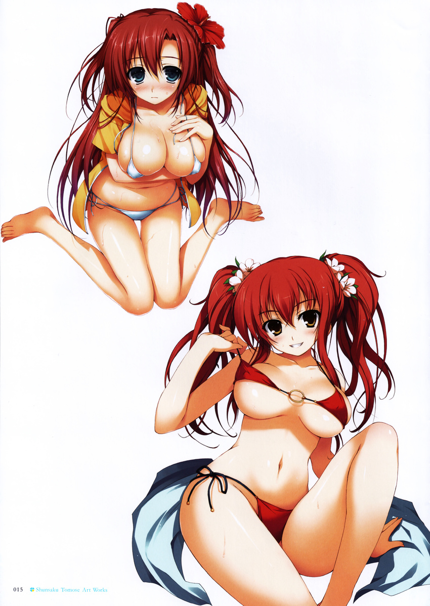 absurdres bangs bikini blue_eyes blush breasts brown_eyes cleavage crossed_arms eyebrows_visible_through_hair flower hair_flower hair_ornament highres large_breasts looking_at_viewer multiple_girls original red_bikini red_hair scan side-tie_bikini simple_background sitting smile swimsuit tomose_shunsaku twintails white_background white_bikini