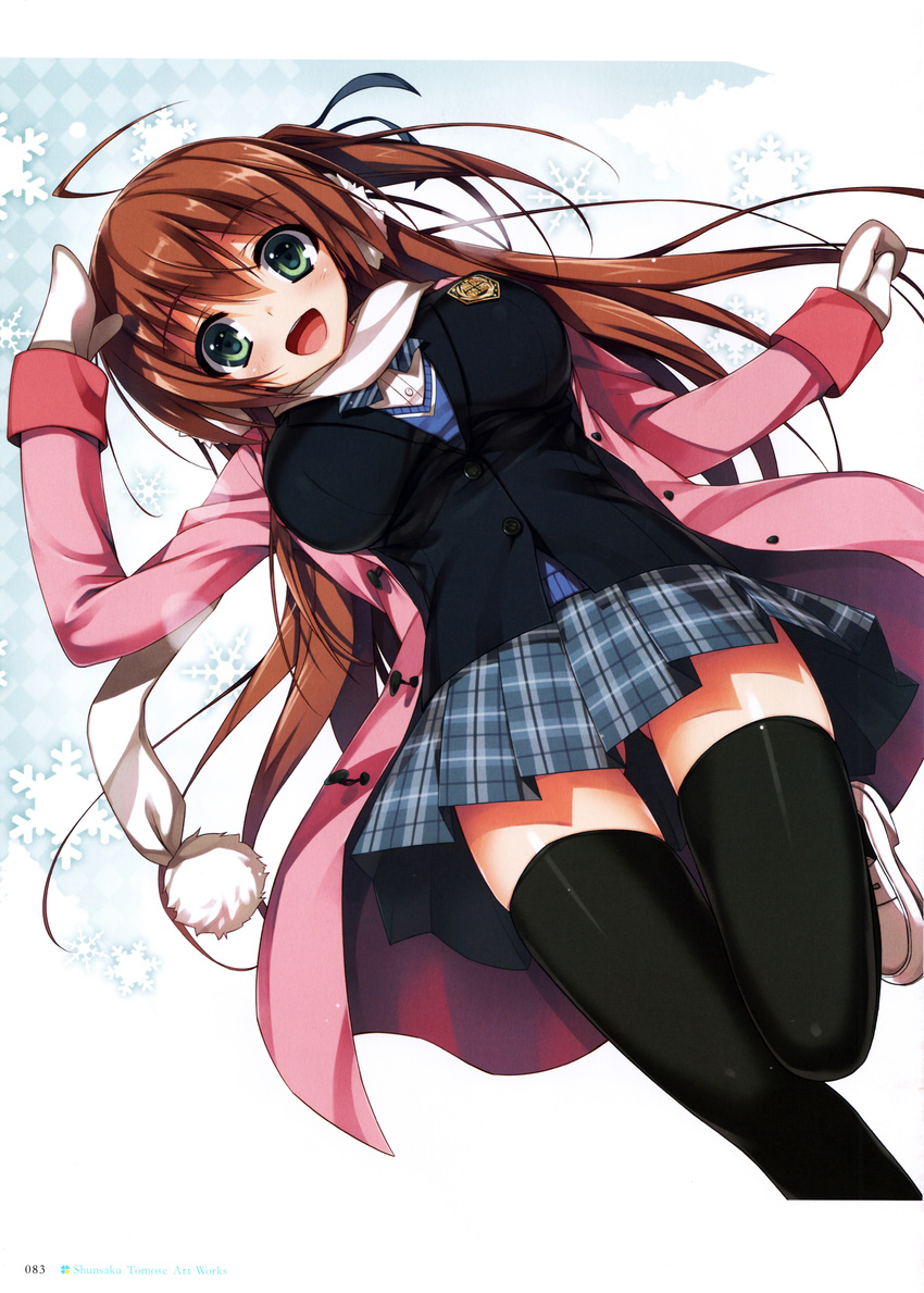 absurdres bangs black_legwear blazer blush brown_hair coat eyebrows_visible_through_hair gloves green_eyes highres huge_filesize jacket leg_up long_hair open_mouth original pleated_skirt scan scarf school_uniform shoes simple_background skirt smile solo thighhighs tomose_shunsaku winter_clothes winter_coat zettai_ryouiki