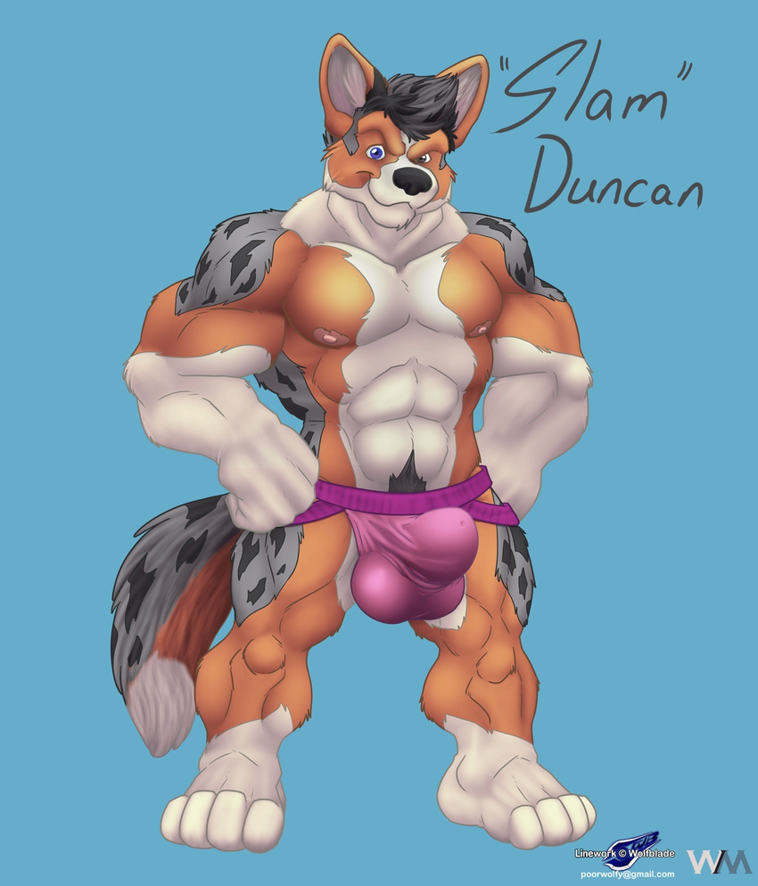abs biceps bulge canine clothing corgi dog duncan_malone_(character) english_text fur hands_on_hips heterochromia jockstrap looking_at_viewer male mammal muscular muscular_male nipples pecs smile solo spots spotted_fur standing text underwear wolfblade wuffamute