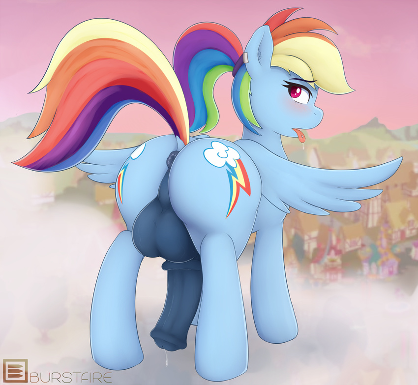 2017 animal_genitalia animal_penis anus balls blush burstfire butt cloud crossgender cutie_mark dock drooling equine equine_penis feral friendship_is_magic hair intersex looking_at_viewer mammal multicolored_hair multicolored_tail my_little_pony on_cloud outside pegasus penis precum rainbow_dash_(mlp) rainbow_hair rainbow_tail saliva solo tongue tongue_out wings