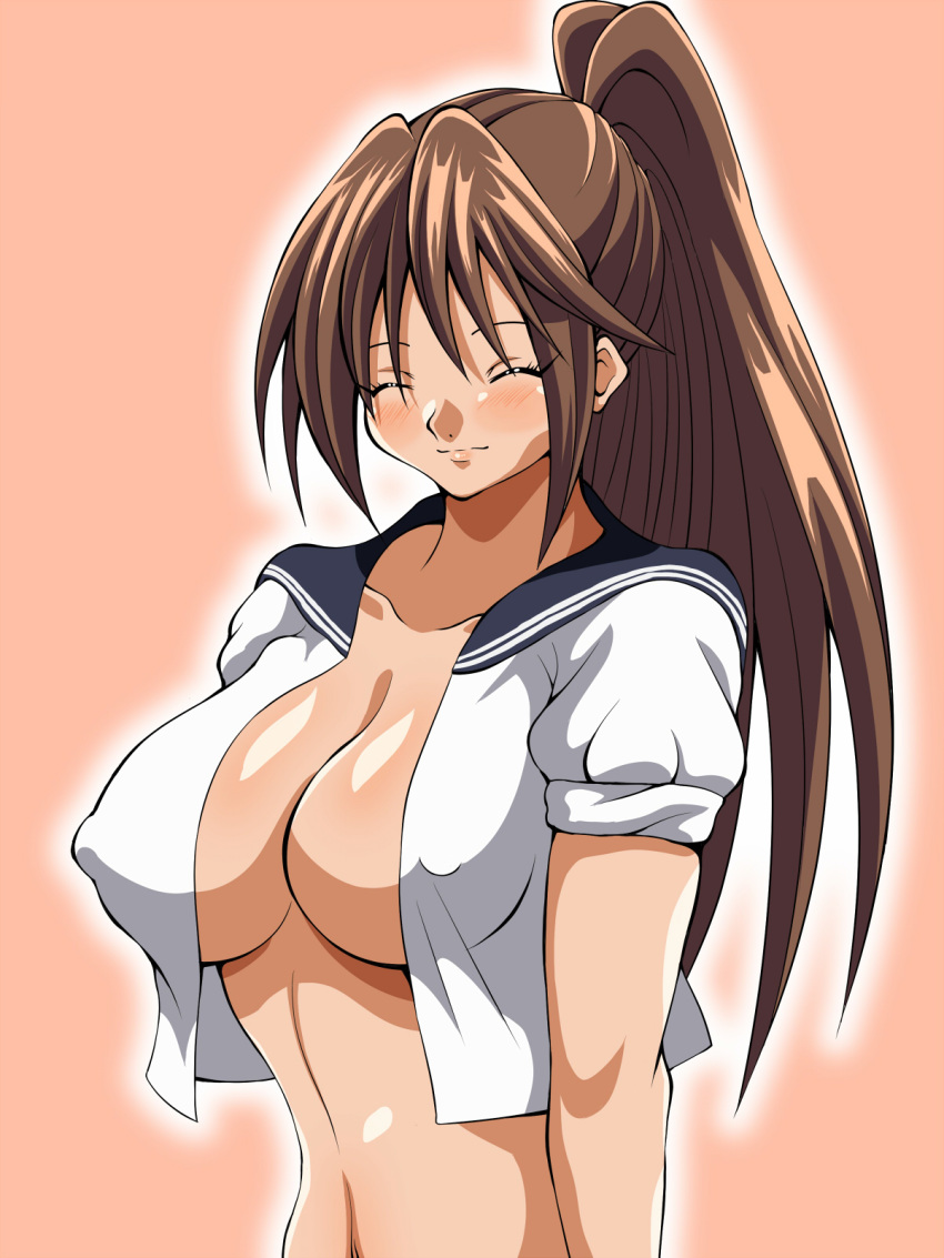 00s 1girl blush breasts brown_background brown_hair cleavage erect_nipples eyes_closed highres ichigo_100_percent inabakun00 kitaooji_satsuki large_breasts long_hair navel no_bra one_eye_closed open_clothes open_shirt ponytail shirt simple_background smile solo upper_body