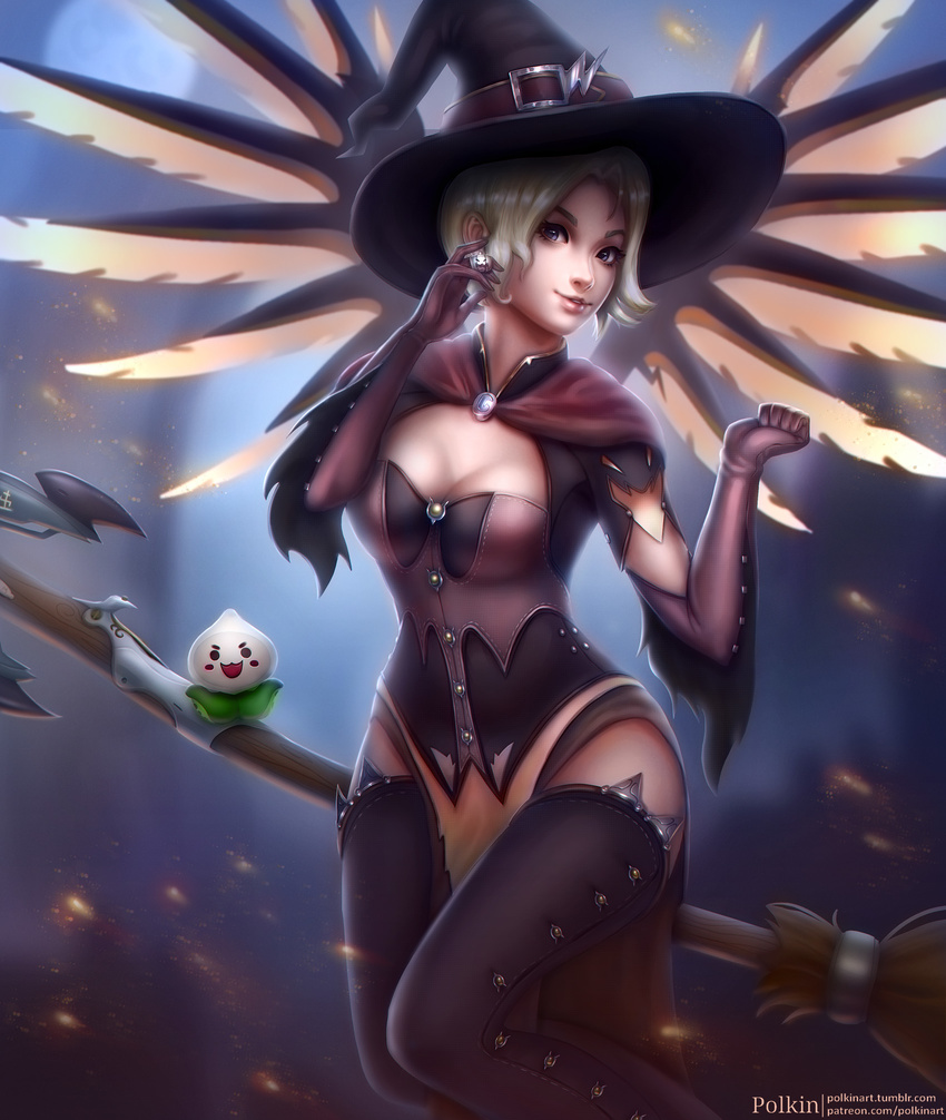 alternate_costume artist_name bangs blonde_hair blue_eyes blurry blurry_background book breasts brooch broom broom_riding brown_gloves brown_hat brown_legwear capelet cleavage commentary cowboy_shot dress earrings elbow_gloves eyelashes flying full_moon gloves halloween halloween_costume hand_on_ear hands_up hat hat_belt highres jewelry looking_at_viewer mechanical_wings medium_breasts mercy_(overwatch) moon night night_sky nose orange_wings outdoors overwatch pachimari parted_lips patreon_username pelvic_curtain pink_lips polkin short_hair short_sleeves sidesaddle sitting sky smile solo spread_wings teeth thighhighs tumblr_username watermark web_address wings witch witch_hat witch_mercy