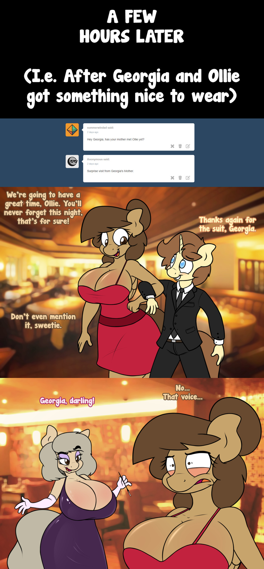 anthro big_breasts breasts cigarette cigarette_holder cleavage clothed clothing dialogue english_text equine fan_character georgia_lockheart hellen_lockheart horn mammal my_little_pony oliver_cotter pegasus stunnerpony text tumblr unicorn wings