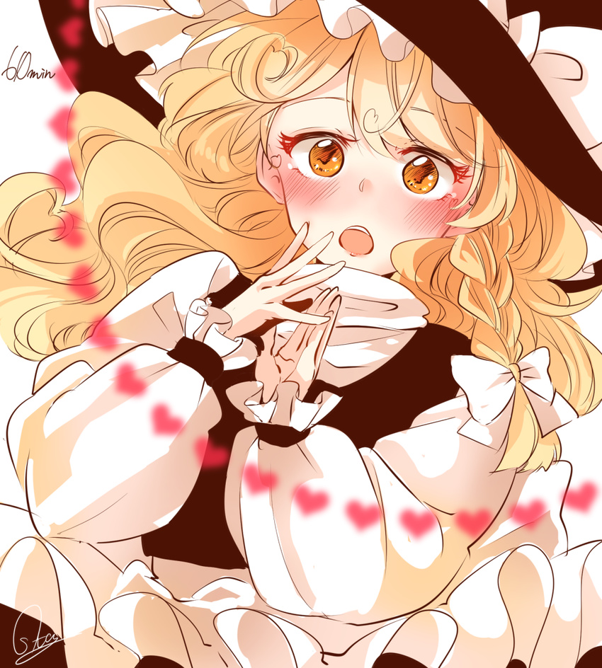 :o apron blonde_hair blush completion_time hat heart highres kirisame_marisa lipstick long_hair long_sleeves looking_at_viewer lovestruck makeup open_mouth solo souta_(karasu_no_ouchi) touhou turtleneck vest waist_apron wavy_hair witch_hat yellow_eyes