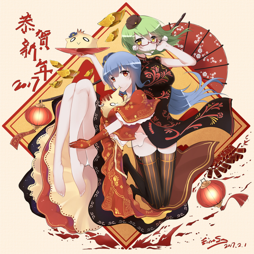 2girls artist_name bare_legs bare_shoulders barefoot black_dress blue_hair capelet chinese chinese_new_year dated dish doll dress einess firecrackers floating_hair floral_print folded_leg glasses gloves green_hair hair_between_eyes hair_ornament hand_on_own_cheek hand_on_own_leg headgear highres holding knees_together_feet_apart lantern long_hair looking_at_viewer mouth_hold multiple_girls new_orleans_(zhan_jian_shao_nyu) panties pantyshot quincy_(zhan_jian_shao_nyu) red-framed_eyewear red_eyes red_gloves red_skirt semi-rimless_eyewear short_hair simple_background skirt sleeveless sleeveless_dress smile striped striped_legwear thighhighs umbrella underwear white_panties yellow_eyes yuanbao zettai_ryouiki zhan_jian_shao_nyu