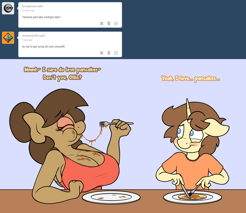 anthro blush breasts cleavage clothed clothing dialogue eating english_text equine fan_character female food georgia_lockheart horn mammal maple_syrup messy_eater my_little_pony oliver_cotter pancake pegasus stunnerpony text tumblr unicorn wings