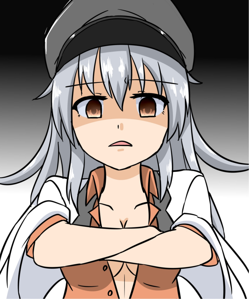 breasts commentary gangut_(kantai_collection) grey_hair hat highres kantai_collection large_breasts long_hair looking_at_viewer md5_mismatch military military_hat military_jacket military_uniform open_mouth peaked_cap red_eyes red_shirt remodel_(kantai_collection) sakuramai_(sakuramai_0525) shirt solo uniform